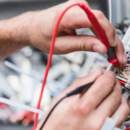 Elektryk ze Świdnicy mierzy napięcie w skrzynce rozdzielczej, używając multimetru z czerwonym i czarnym przewodem pomiarowym. Widoczne są liczne przewody z oznaczeniami, wpięte w listwę zaciskową.