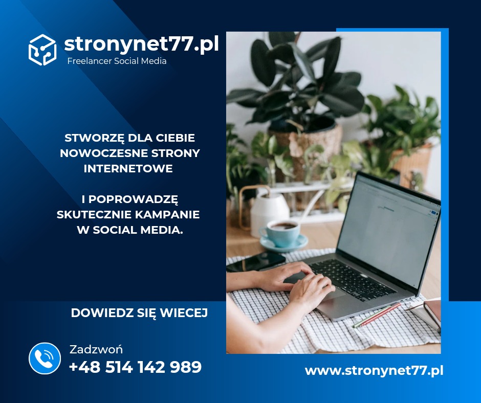 Laptop z otwartą stroną internetową na biurku z kawą i roślinami w tle, branding stronynet77.pl widoczny w lewym górnym rogu.