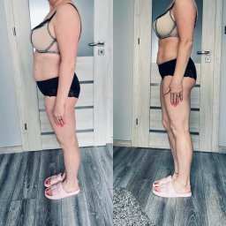 Trener Personalny Amazonka Izabela Bluj - Zdjęcie 'przed i po' kobiety w bieliźnie, prezentujące efekty diety lub treningu. Widoczne zmiany w sylwetce, ukazane na tle szarej ściany i drewnopodobnej podłogi.