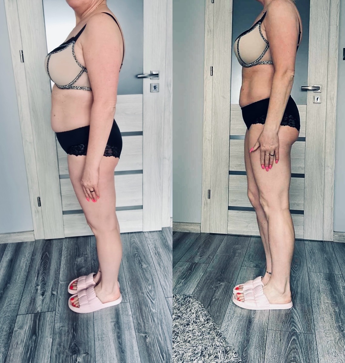 Zdjęcie 'przed i po' kobiety w bieliźnie, prezentujące efekty diety lub treningu. Widoczne zmiany w sylwetce, ukazane na tle szarej ściany i drewnopodobnej podłogi.