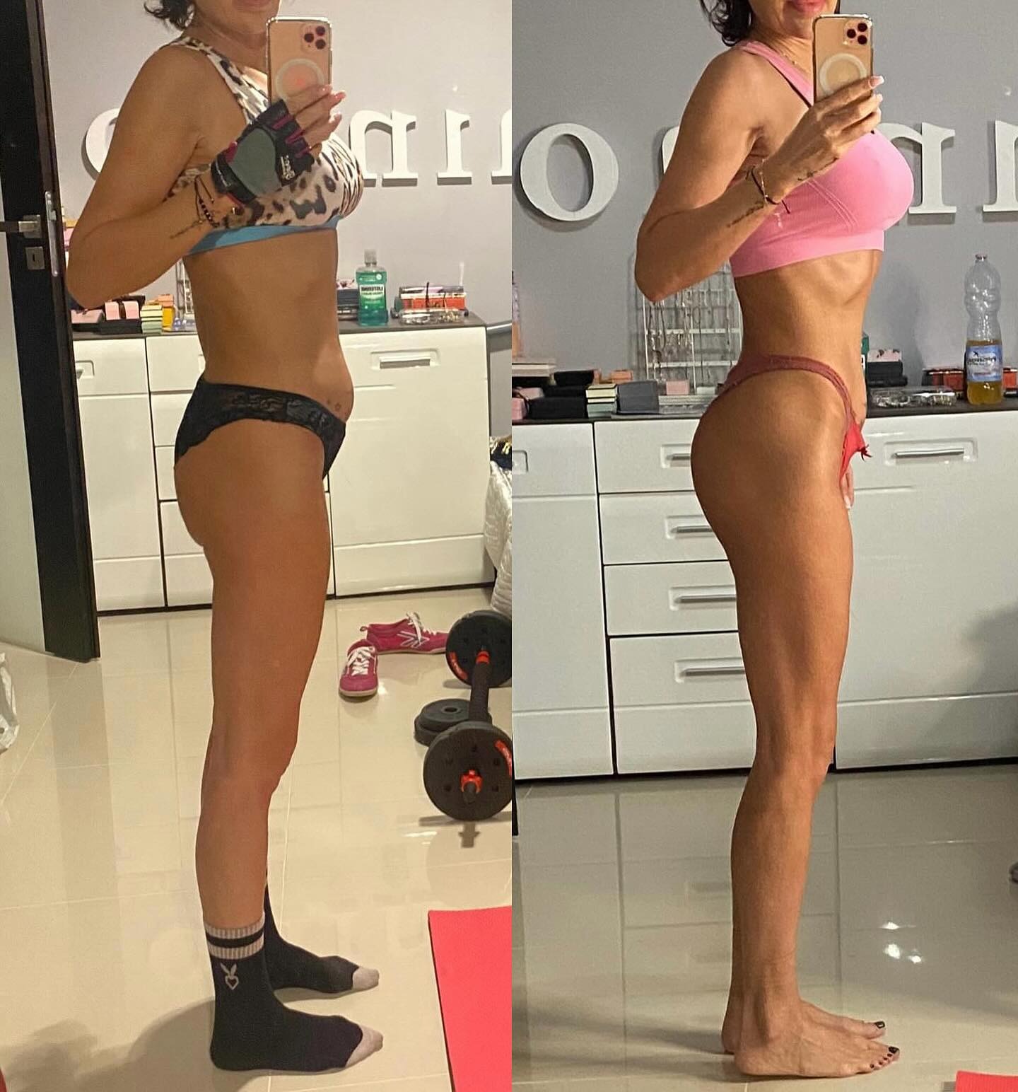 Kobieta prezentuje efekty metamorfozy sylwetki, zestawiając zdjęcia 'przed' w sportowym topie i majtkach z 'po' w różowym stroju, trzymając telefon.