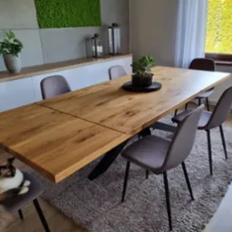 Rozkładany stół z drewna o naturalnym odcieniu, z czarną, metalową podstawą w kształcie litery X, otoczony szarymi krzesłami; kot rasy Ragdoll leży na jednym z krzeseł, w tle ściana z zielonym mchem.