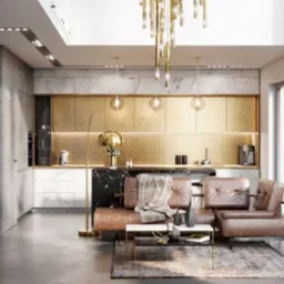 Wnętrze domu: salon z aneksem kuchennym w stylu loft, betonowa ściana, skórzana sofa, złote akcenty, duże okna z widokiem na ogród.