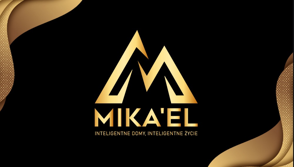 Złote logo firmy Mika'el na czarnym tle z dekoracyjnymi złotymi elementami, pod napisem slogan: Inteligentne domy, inteligentne życie.