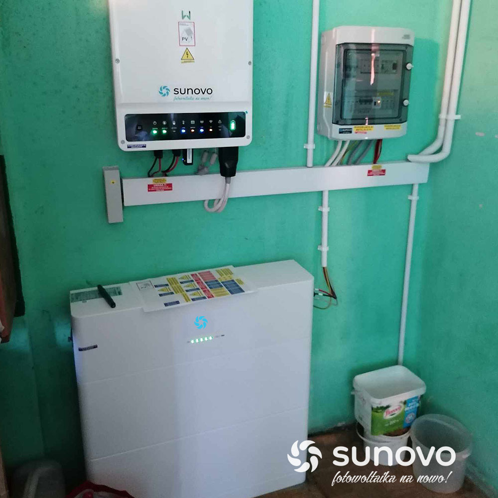 Biały inwerter Sunovo z podłączoną rozdzielnicą i magazynem energii w pomieszczeniu o zielonych ścianach; widoczne okablowanie i naklejki informacyjne na magazynie.