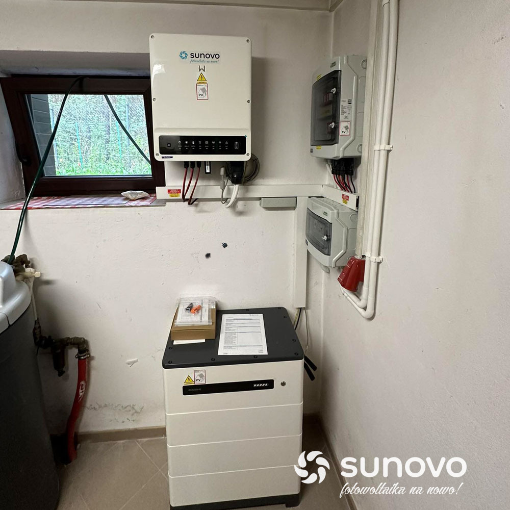 Wnętrze pomieszczenia z zamontowanym inwerterem, magazynem energii Sunovo oraz skrzynkami elektrycznymi na ścianie, widoczne okno w tle.