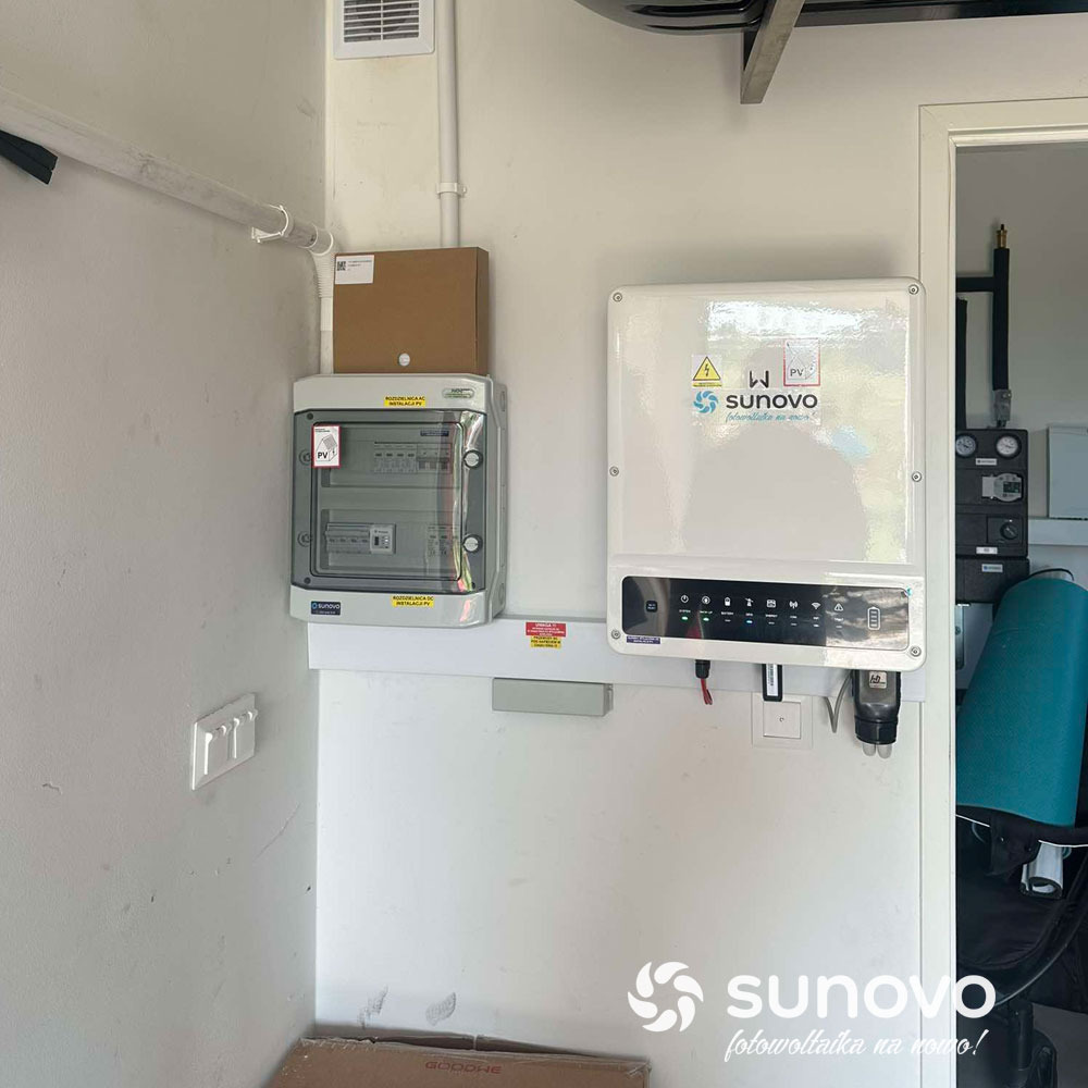 Zamontowana biała skrzynka rozdzielcza i falownik Sunovo z podłączonymi kablami na białej ścianie wewnątrz budynku.