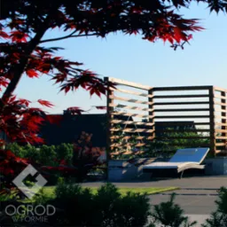 Nowoczesny ogród z drewnianą pergolą, leżakiem z poduszką i czerwonym klonem japońskim w roli głównej.