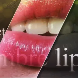 Zbliżenie na usta z efektem ombre, widoczne zęby, nałożony tekst 'Perfect Ombre lips'.