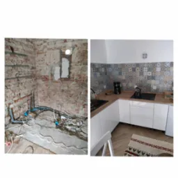 Porównanie stanu kuchni przed i po: surowe cegły z instalacjami kontra nowoczesna zabudowa z kolorowymi płytkami.