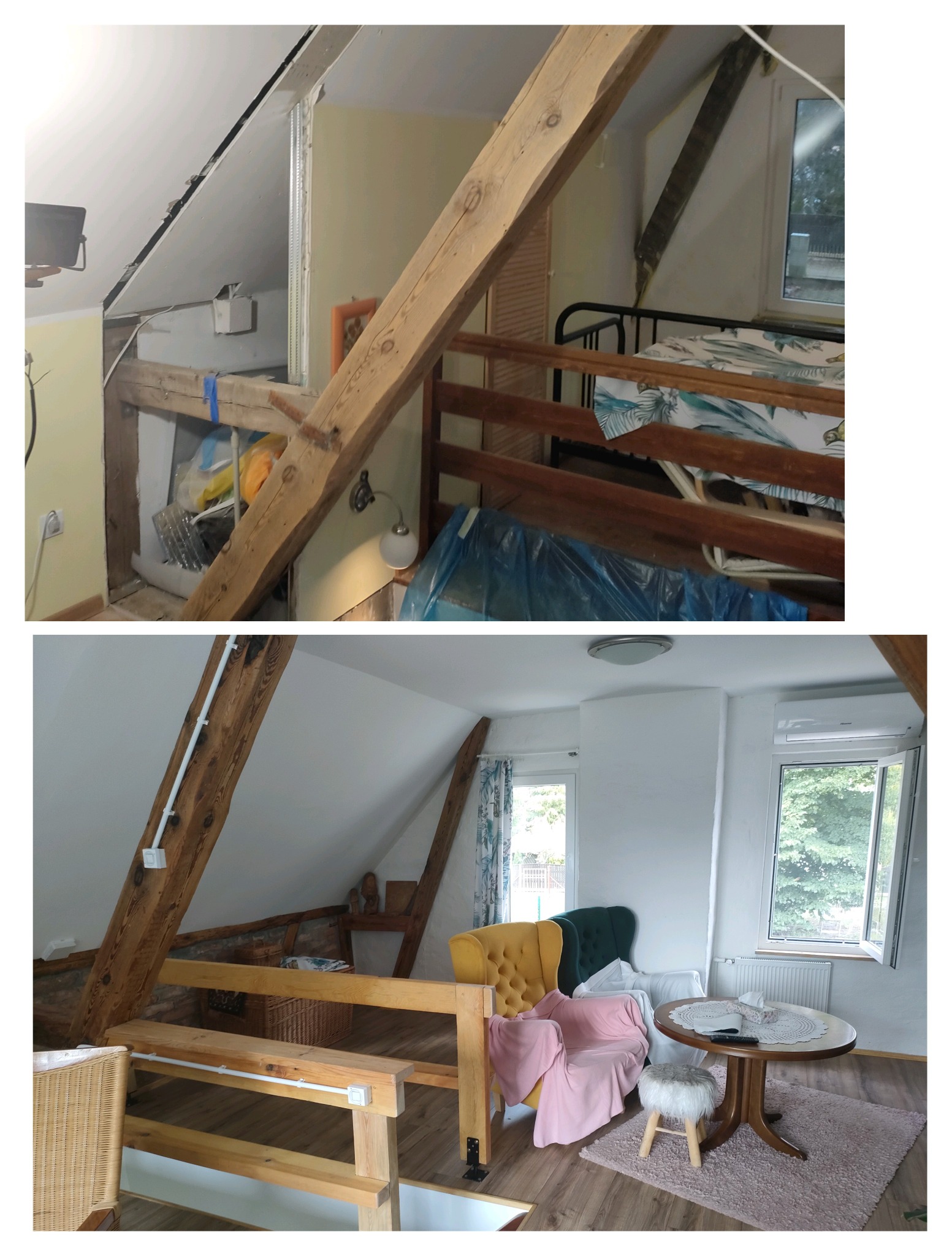 Porównanie poddasza przed i po adaptacji: surowe drewniane belki w stanie początkowym kontra jasne, wykończone wnętrze z drewnianą balustradą, meblami i oknami.