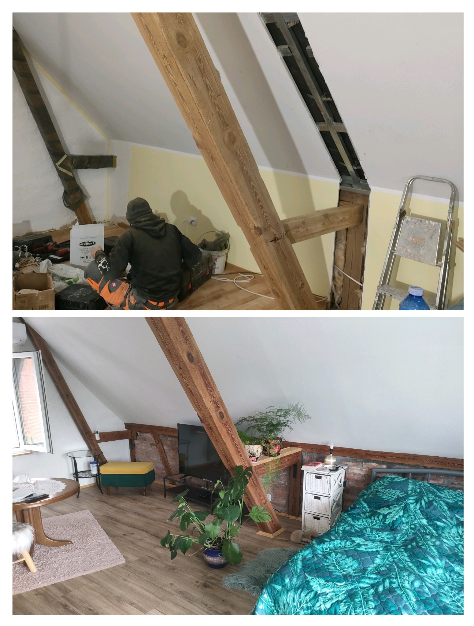 Poddasze w trakcie adaptacji: widok przed i po remoncie, ukazujący drewniane belki konstrukcyjne, ocieplenie w ścianie, oraz wykończone wnętrze z meblami i roślinami w stylu boho.