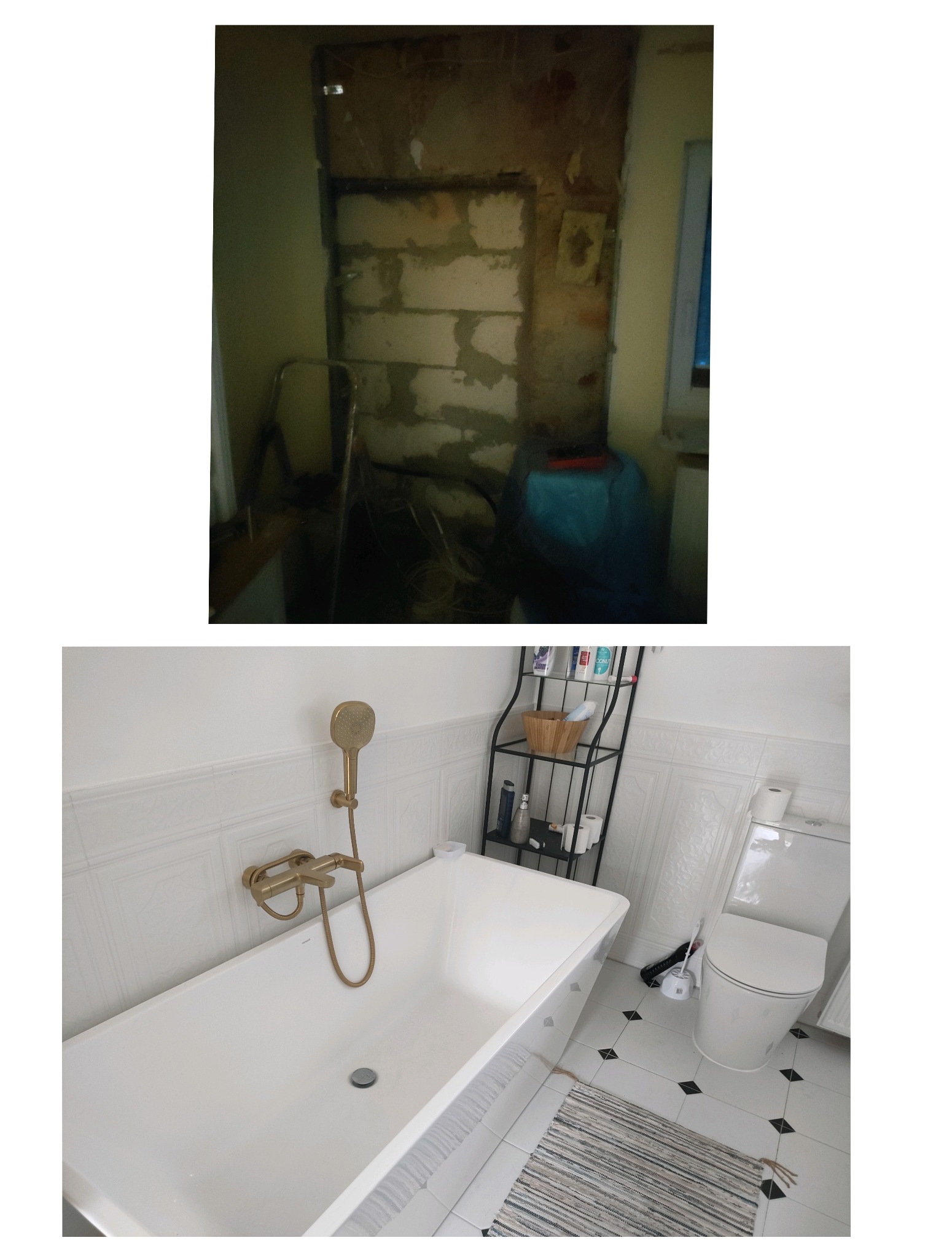 Remont łazienki: widok przed i po, od surowych ścian z cegły po gotową łazienkę z białą wanną, złotą armaturą i czarno-białą podłogą.