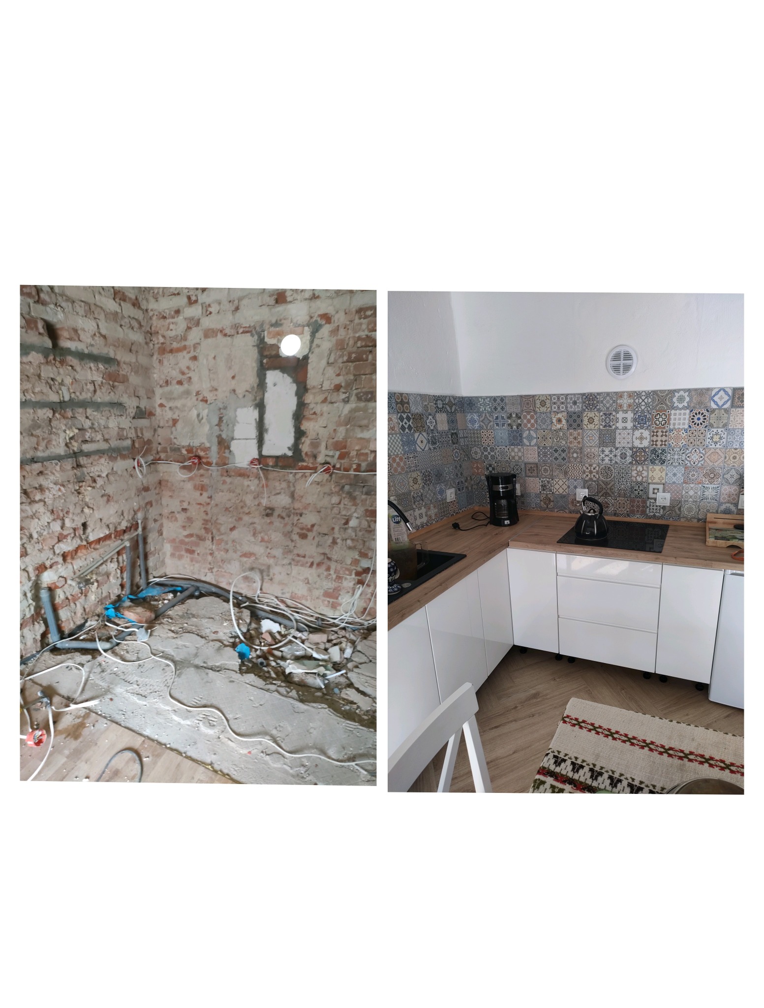 Porównanie stanu kuchni przed i po: surowe cegły z instalacjami kontra nowoczesna zabudowa z kolorowymi płytkami.