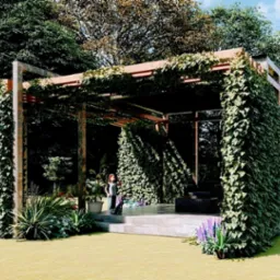 Wizualizacja pergoli porośniętej bluszczem w ogrodzie, z widoczną dziewczynką i domem w tle.