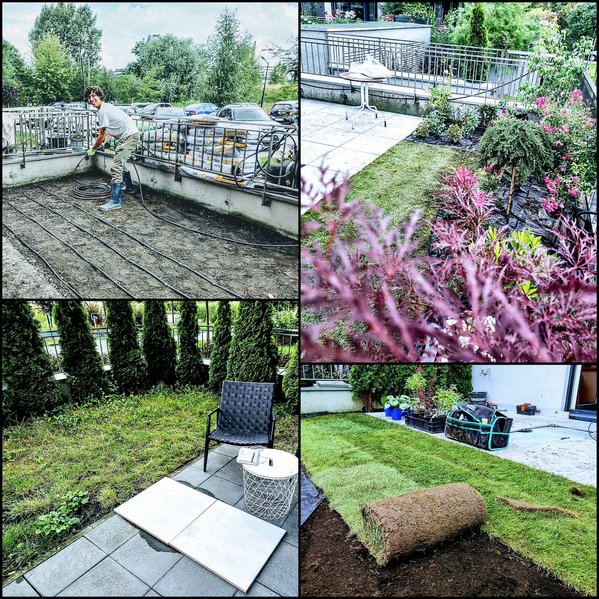 Cztery kadry z realizacji: instalacja nawadniania na dachu, fragment ogrodu z nową trawą, układanie płyt chodnikowych i rozwijanie trawy z rolki przy narzędziach ogrodniczych.