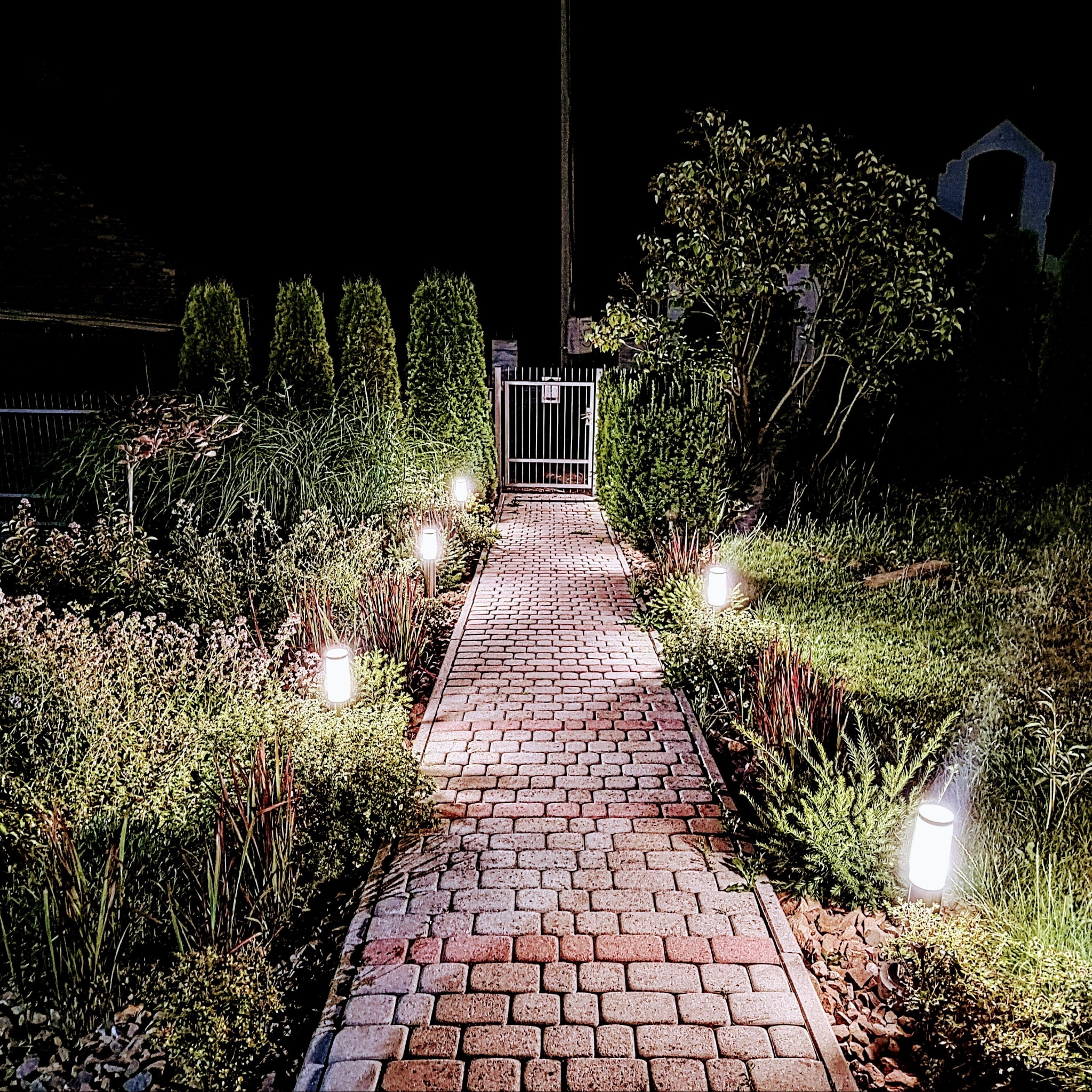 Oświetlona ścieżka z kostki prowadząca do metalowej furtki w zadbanym ogrodzie nocą, z lampami ogrodowymi wzdłuż ścieżki.