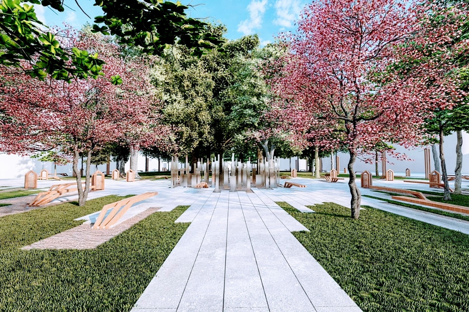 Wizualizacja parku z alejką z jasnych płyt, otoczoną zielonym trawnikiem, drzewami o różowych i zielonych liściach, oraz elementami małej architektury, takimi jak drewniane ławki i pionowe, szklane...