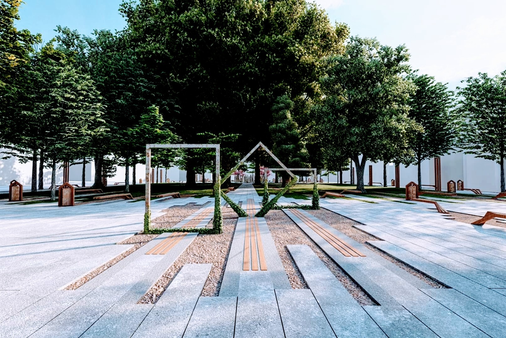 Nowoczesna aranżacja przestrzeni parkowej z geometrycznymi konstrukcjami porośniętymi zielenią, drewnianymi ławkami i równo przystrzyżonymi drzewami w tle.