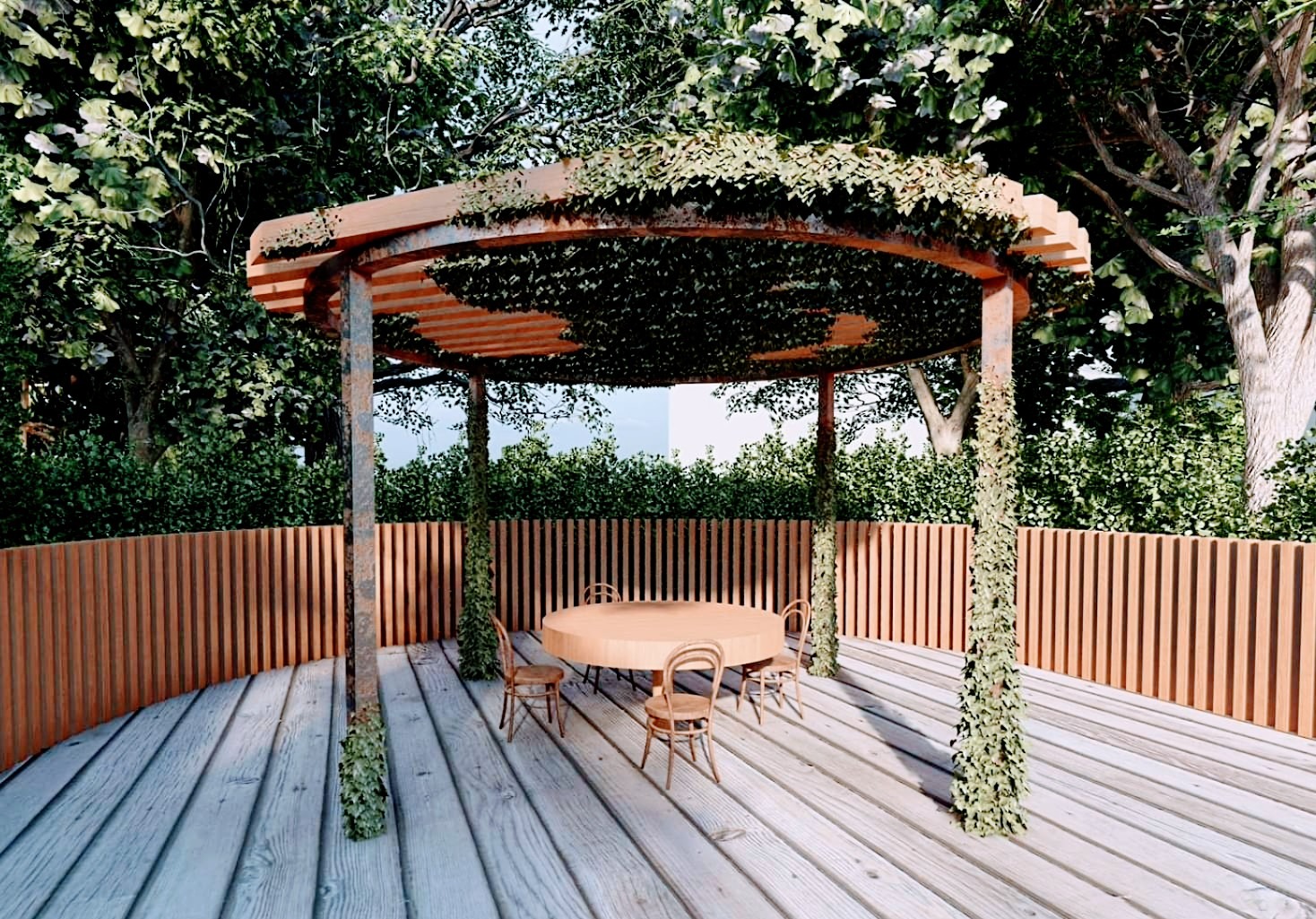 Wizualizacja ogrodu z drewnianą pergolą porośniętą bluszczem, okrągłym stołem i krzesłami na drewnianym tarasie otoczonym niskim płotem z pionowych desek.