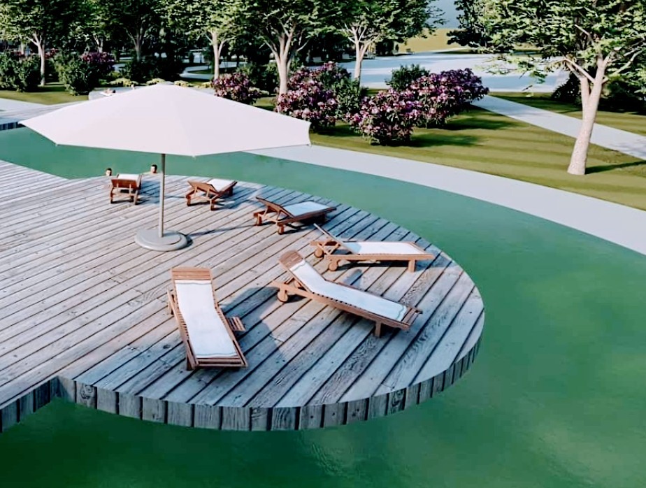 Projekt ogrodu z drewnianym tarasem nad wodą, leżakami i białym parasolem, widok z góry na wypielęgnowany trawnik i kwitnące krzewy.