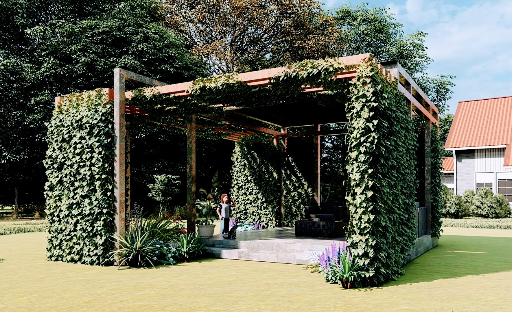 Wizualizacja pergoli porośniętej bluszczem w ogrodzie, z widoczną dziewczynką i domem w tle.