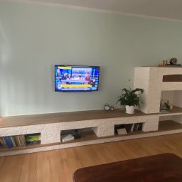 EMa - Miłosz Zadka - Nowoczesna aranżacja salonu z długim, białym regałem z drewnianym blatem, na którym stoi telewizor. Na regale książki, dekoracje i roślina doniczkowa.