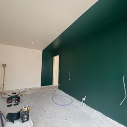 EMa - Miłosz Zadka - Ściana pomalowana na ciemnozielony kolor w połowie wysokości, sufit i górna część ściany białe. Widoczne narzędzia malarskie i przewody elektryczne.