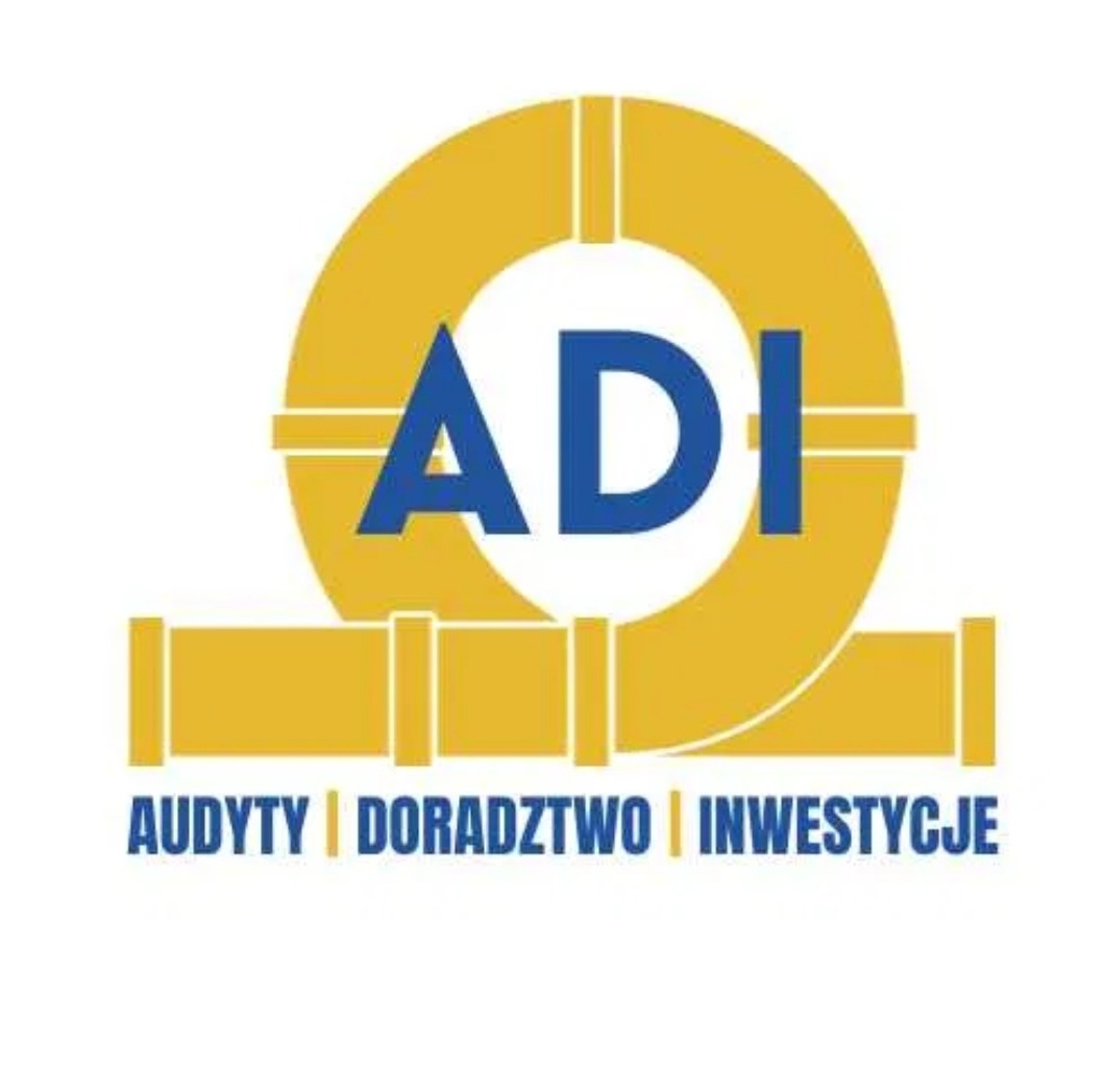 Logo firmy ADI z elementami graficznymi przypominającymi rury i wentylację w kolorach żółtym i niebieskim, z hasłem 'Audyty | Doradztwo | Inwestycje'.