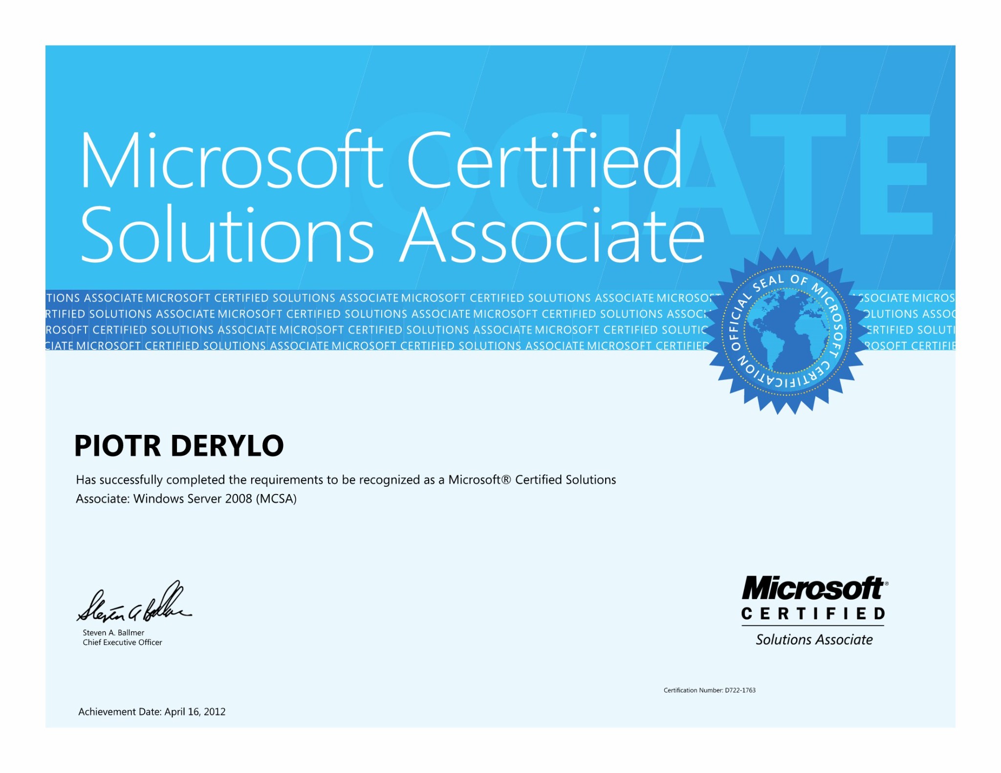 Certyfikat Microsoft Certified Solutions Associate dla Piotra Deryło, wydany 16 kwietnia 2012 roku, podpisany przez Stevena A. Ballmera.