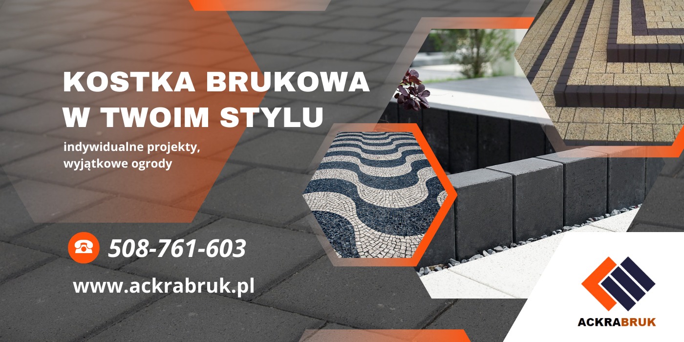 Kompozycja z kostki brukowej w różnych wzorach i kolorach, prezentująca możliwości aranżacyjne, z widocznym fragmentem niskiego murku z kostki betonowej i numerem telefonu firmy.