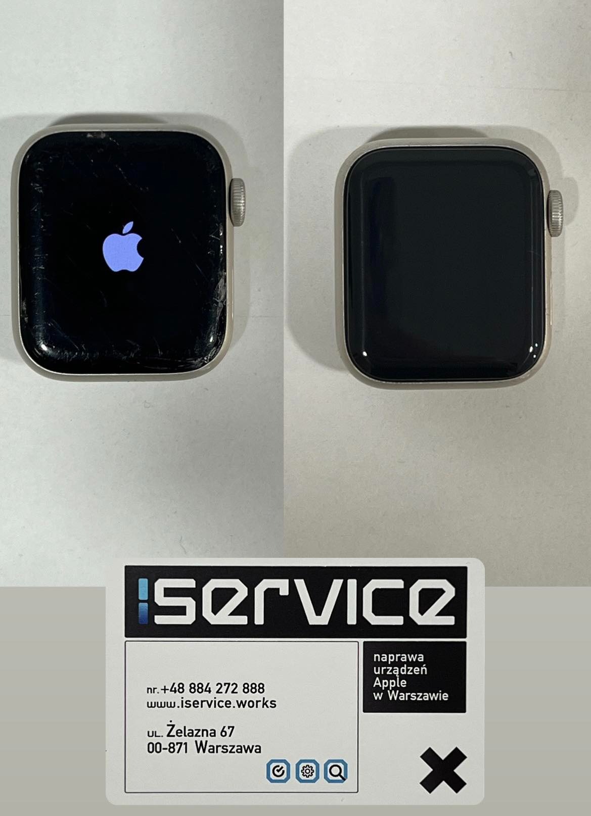 Dwa Apple Watche, jeden z włączonym ekranem i widocznymi pęknięciami, drugi z wyłączonym ekranem po prawej, poniżej wizytówka serwisu Apple w Warszawie.