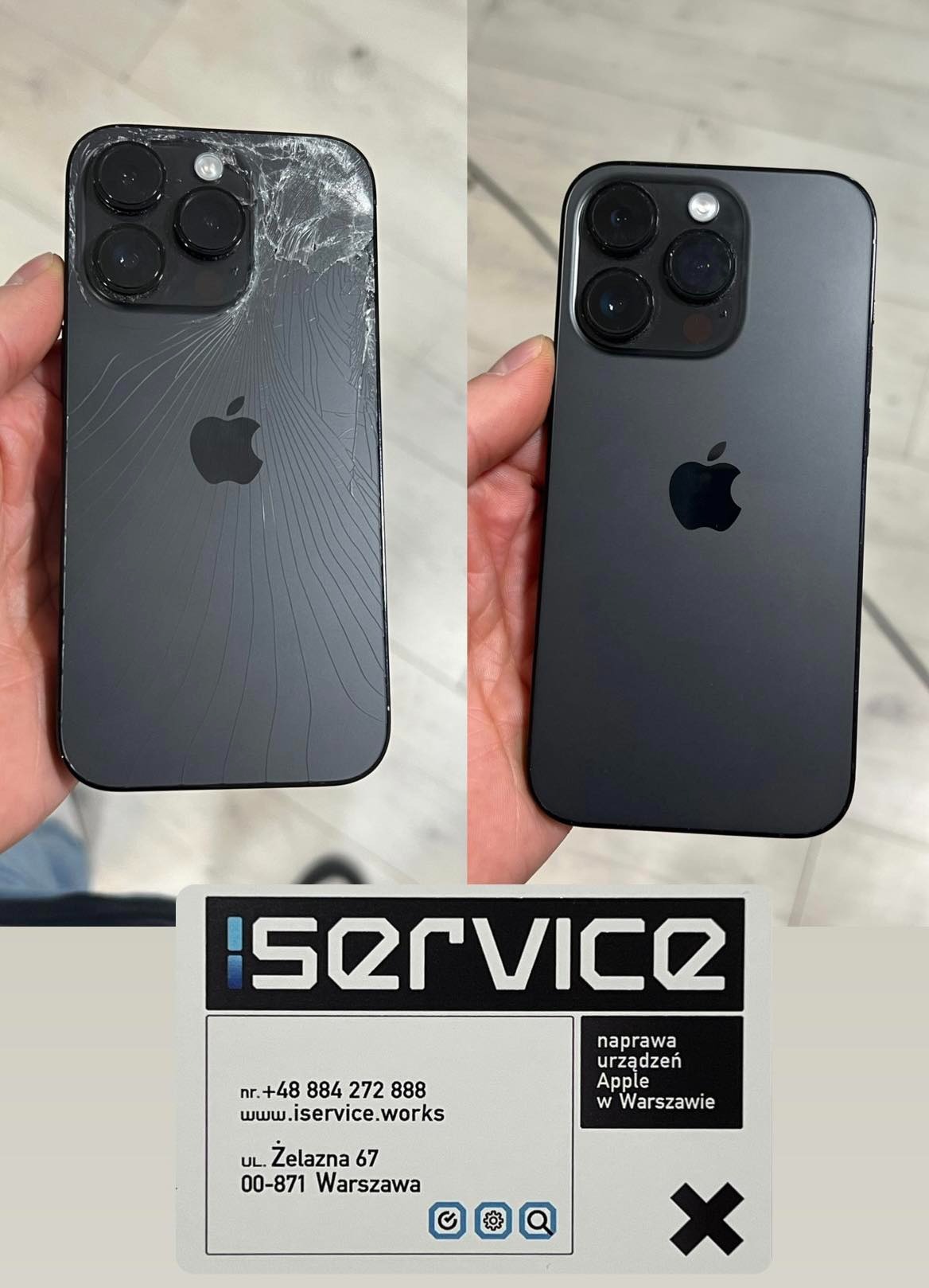 Porównanie: uszkodzony iPhone z pękniętą obudową i naprawiony iPhone z idealną obudową, obok wizytówka serwisu urządzeń Apple w Warszawie.