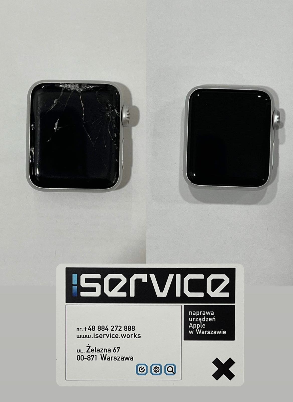 Uszkodzony Apple Watch z pękniętym ekranem obok naprawionego zegarka, na tle wizytówki firmy serwisującej urządzenia Apple w Warszawie.