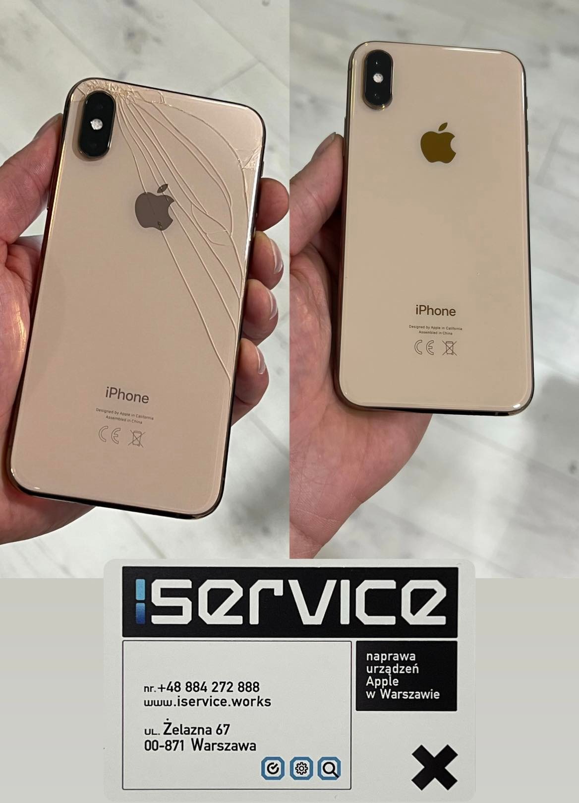Złoty iPhone XS: po lewej z pękniętą obudową, po prawej po naprawie, na dole wizytówka serwisu Apple w Warszawie.