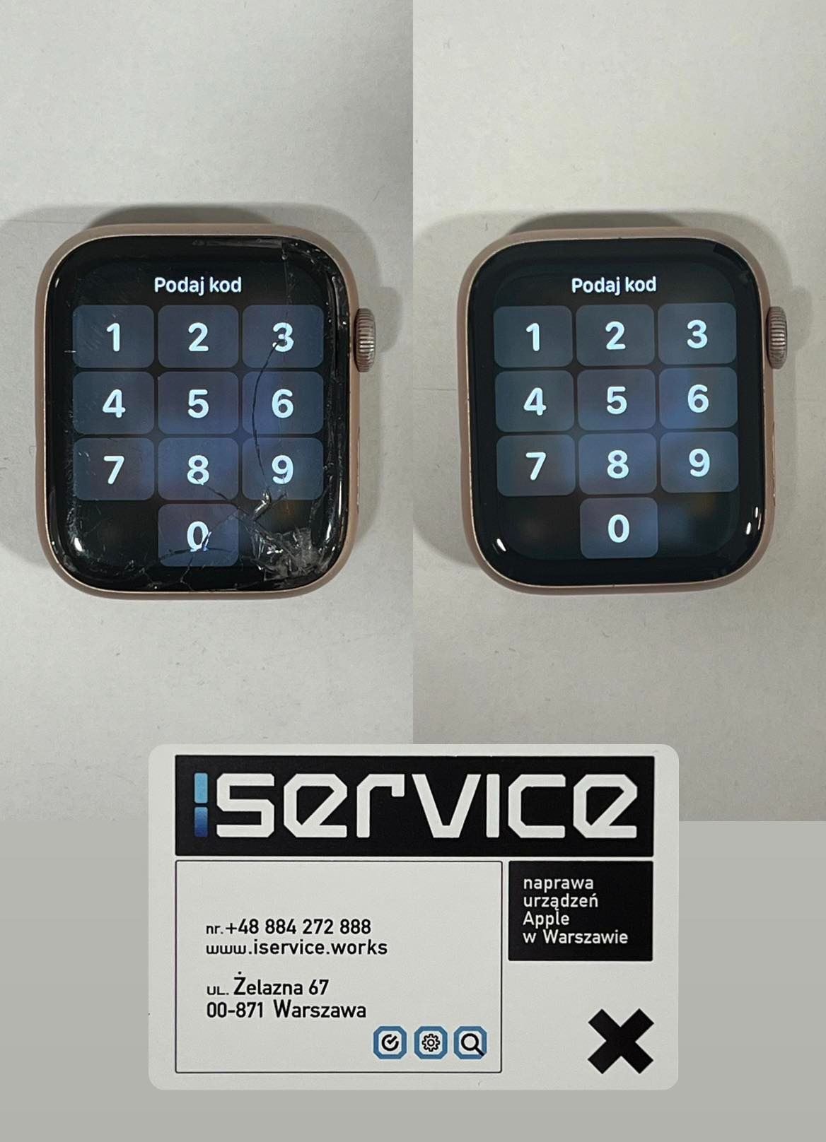 Porównanie Apple Watch: ekran pęknięty przed naprawą i idealny po naprawie, obok wizytówka serwisu iService z Warszawy.