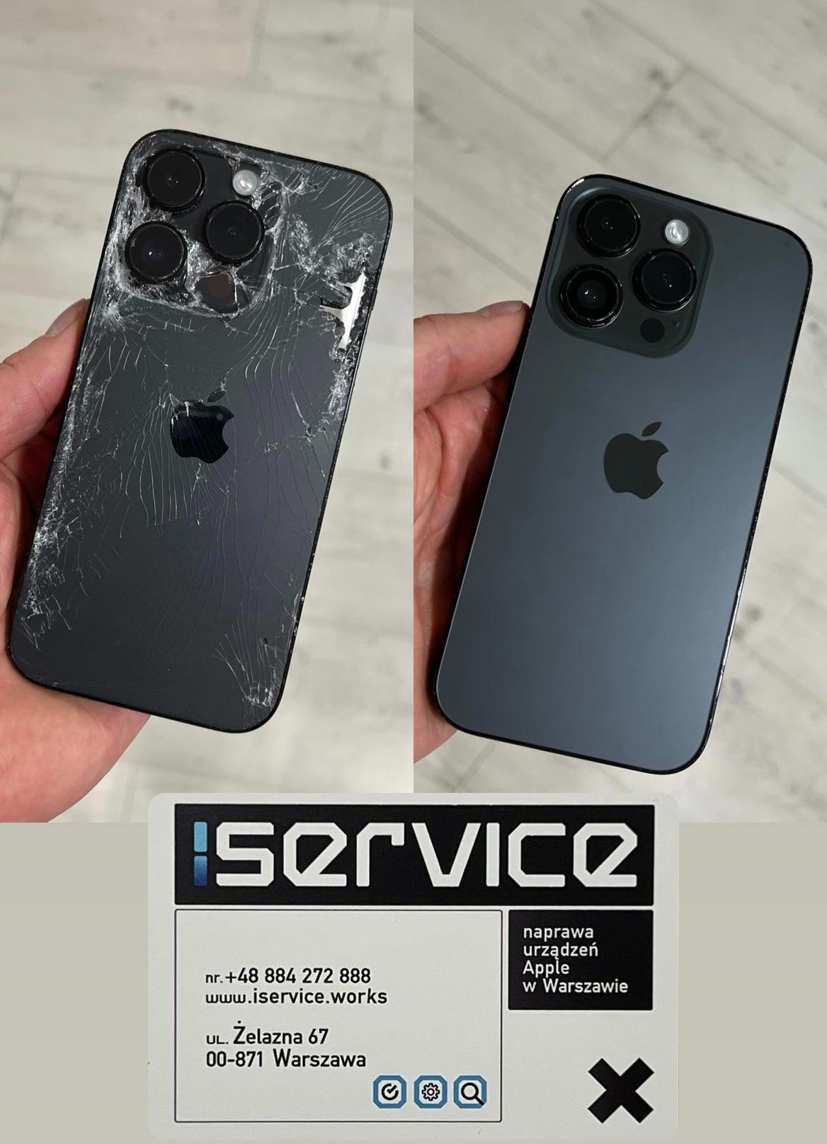 Porównanie: iPhone z pękniętym ekranem przed naprawą obok odnowionego iPhone po wymianie szybki, prezentowane na tle wizytówki serwisu.