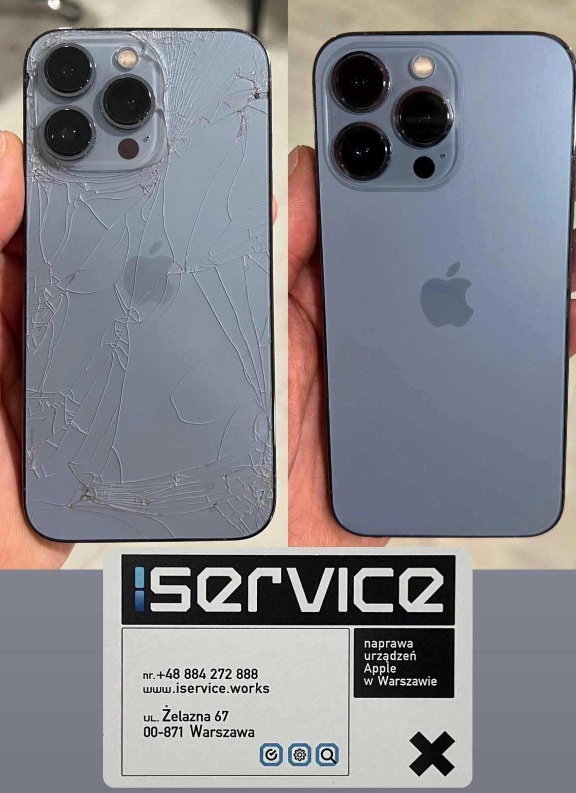 Porównanie: uszkodzony iPhone 13 Pro z pękniętą obudową przed naprawą i ten sam model po wymianie obudowy, z widoczną kartą wizytową serwisu.