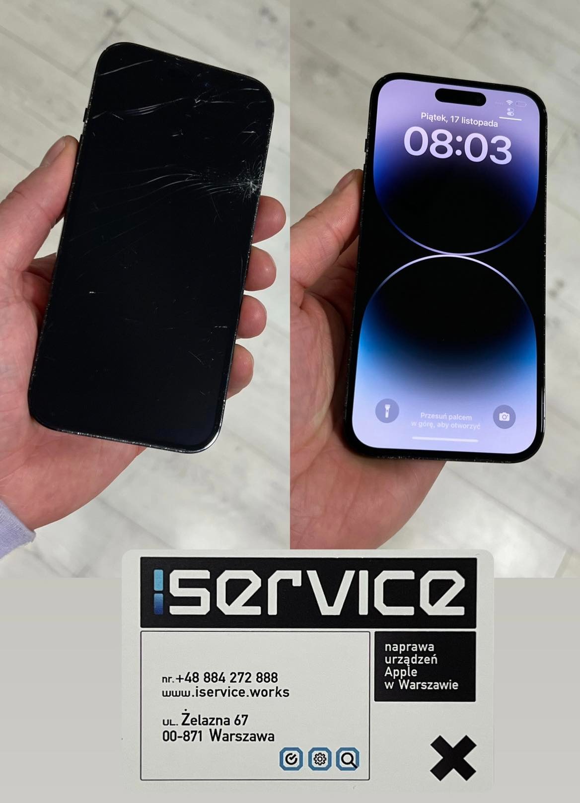 Porównanie: uszkodzony ekran iPhone obok sprawnego, w tle wizytówka serwisu Apple w Warszawie.