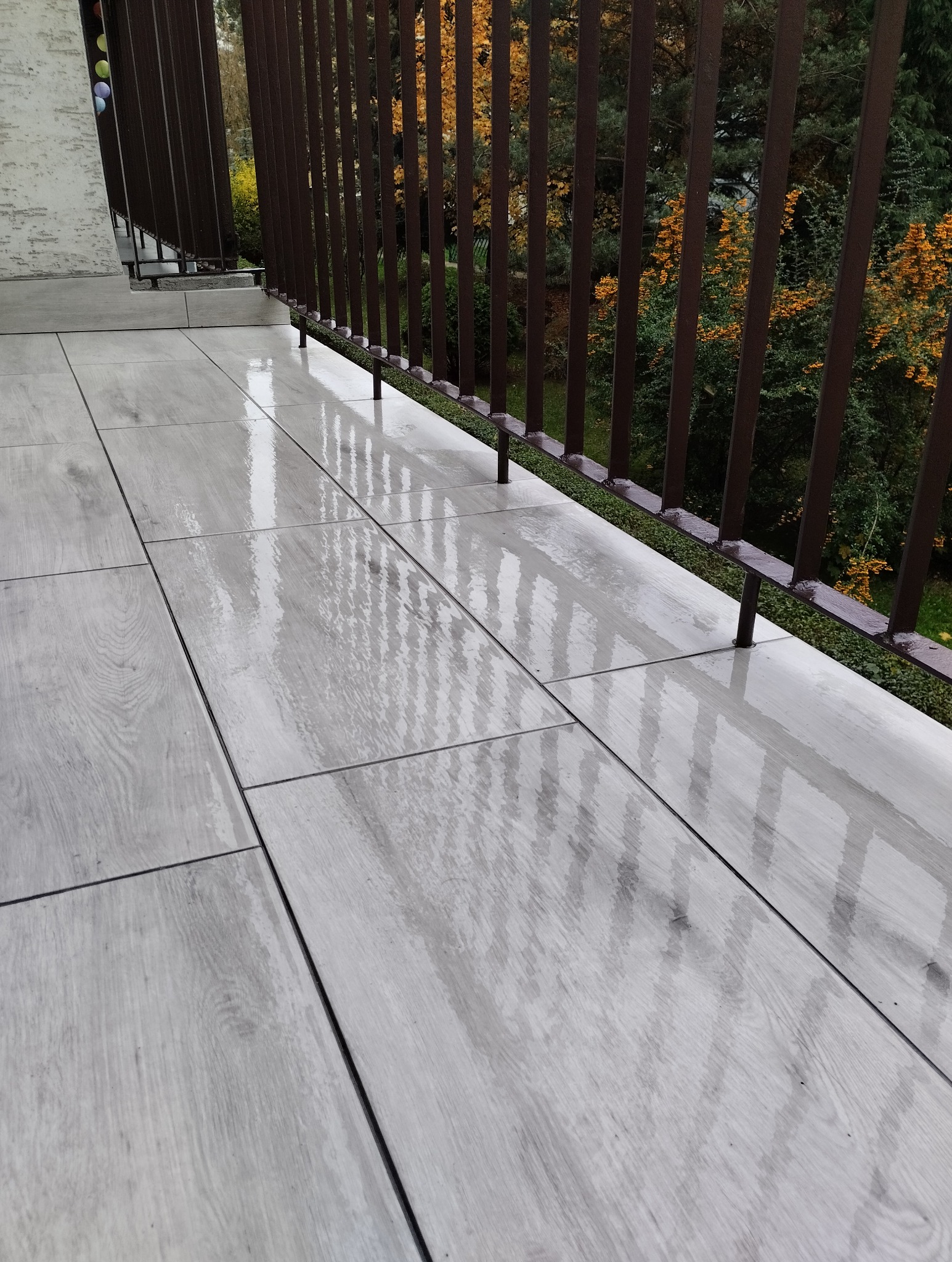 Świeżo ułożone, jasnoszare płytki imitujące drewno na balkonie, z widocznym odbiciem metalowej balustrady i jesiennej roślinności za nią.
