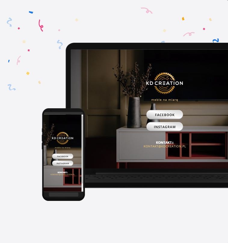 Ekran laptopa i smartfona wyświetlające stronę internetową firmy meblarskiej KD Creation z logo, hasłem 'meble na miarę' oraz odnośnikami do Facebooka i Instagrama, na tle confetti.