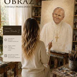 ART KATARZYNA DĄBROWSKA - Artystka maluje portret Jana Pawła II farbami olejnymi na płótnie. Obraz na sztaludze w pracowni, pędzle i paleta kolorów na stole. Gotowy do zawieszenia.