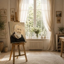 ART KATARZYNA DĄBROWSKA - Portret Padre Pio na płótnie, ustawiony na sztaludze w jasnym, klasycznym wnętrzu z oknem i dekoracjami. Ciepłe światło podkreśla detale obrazu.