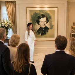 ART KATARZYNA DĄBROWSKA - Wernisaż w Ełku: Kobieta w białej sukni prezentuje portret mężczyzny w ramie, otoczona przez gości w eleganckim wnętrzu z kryształowym żyrandolem.