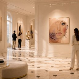 ART KATARZYNA DĄBROWSKA - Eleganckie wnętrze galerii z obrazami, gdzie kobieta w bieli podziwia portret z motywem róży. W tle para ogląda abstrakcyjne dzieła sztuki i rzeźbę. Marmurowa podłoga.