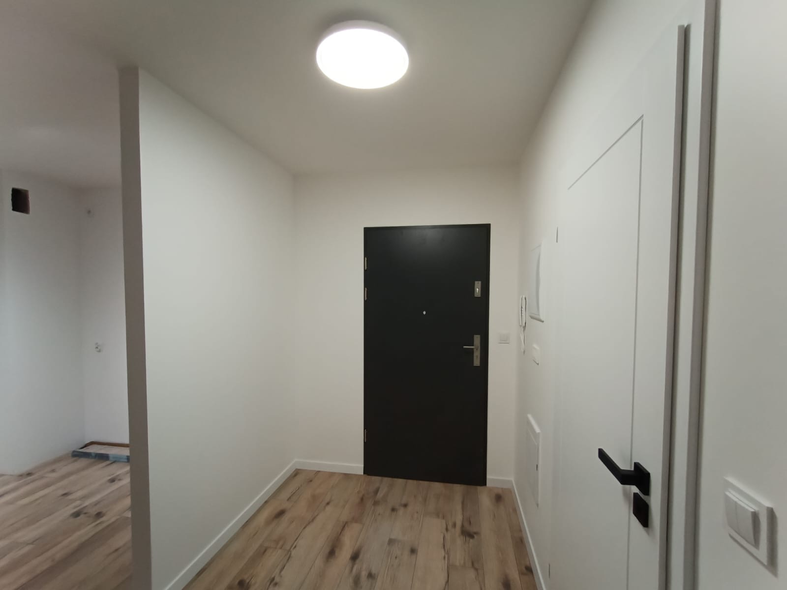 Korytarz po remoncie z panelami podłogowymi w odcieniach drewna, białymi ścianami i czarnymi drzwiami wejściowymi oraz wewnętrznymi z czarnymi klamkami.