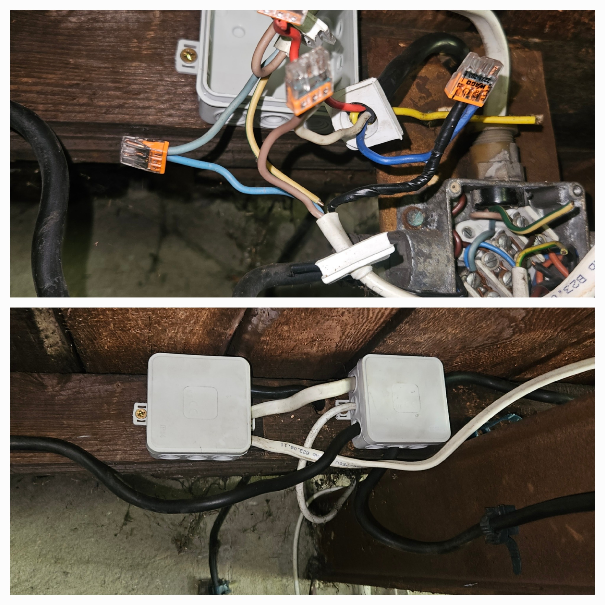 Rozgałęzienia przewodów w puszkach instalacyjnych z użyciem złączek WAGO, widoczne kable w różnych kolorach. Montaż w przestrzeni pod stropem.