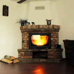 Otwarty kominek z cegły z płomieniami, ozdobiony figurkami i suszem na górze, obok kosz wiklinowy i drewno na podłodze.