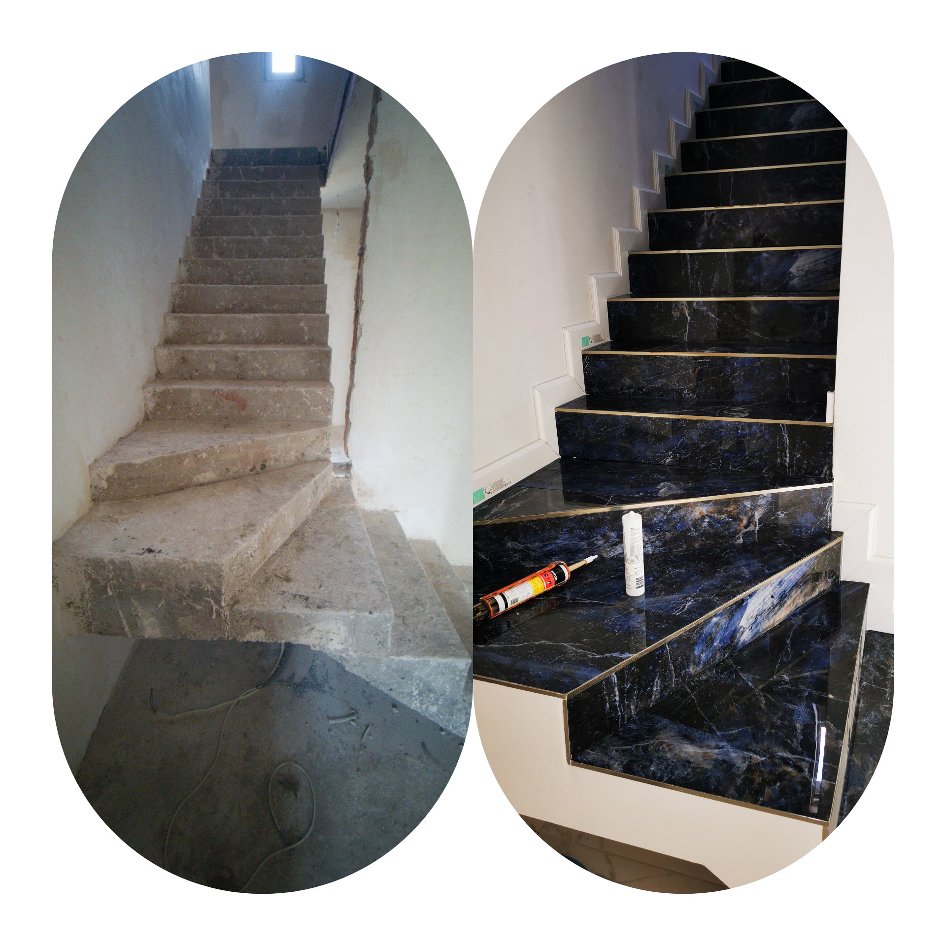 Porównanie schodów przed i po wykończeniu: surowe betonowe schody kontra schody wyłożone ciemnym, marmurkowym gresem z widocznymi tubami kleju budowlanego.