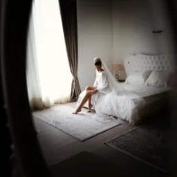 Panna młoda w białym szlafroku i welonie siedzi na brzegu łóżka w pokoju z dużym oknem i zasłonami, światło pada na jej nogi.